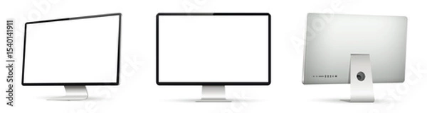 Fototapeta Realistic computer screen mockup. Computer display on three sides with blank screen. Front and back view of computer display.