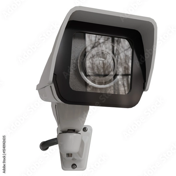 Fototapeta outdoor security camera with a protective sunshade, mounted on a wall bracket, reflecting a blurred outdoor scene in its lens.  The camera features a compact design and appears to be weather-resistant