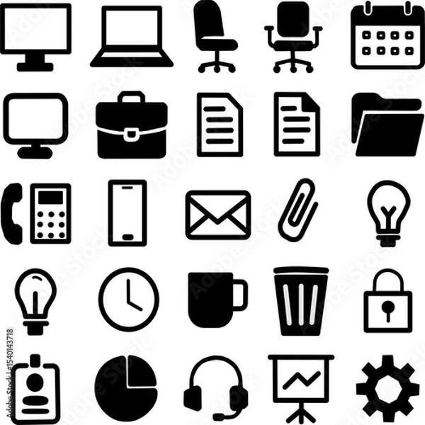 Fototapeta Set of office icon including computer chair calendar document and lightbulb in simple black style for business use