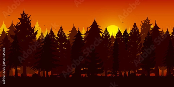 Fototapeta Vector illustration of a sunset behind a coniferous forest in silhouette style. Features pine trees, warm gradient sky in orange and purple tones, and a peaceful natural atmosphere. 