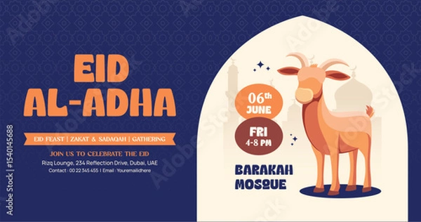 Obraz Eid Al-Adha Celebration Banner with Goat and Mosque Arch