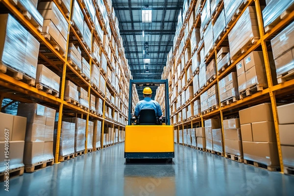 Fototapeta Retail warehouse with forklift operator moving goods ideal for shipping and storage solutions