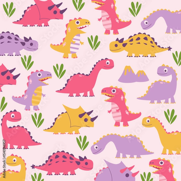 Obraz funny cute cartoon dinosaur seamless pattern illustration design for kids apparel