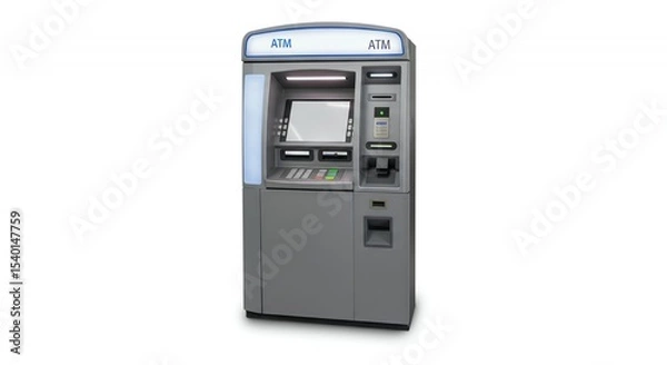Fototapeta Freestanding Gray ATM Station with White Interface Displayed on a White Background Representing Financial Access and Modern Banking