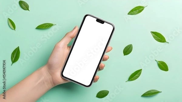 Fototapeta Smartphone Mockup with Blank Screen on Mint Green Background and Green Leaves – Nature-Inspired Tech Display

