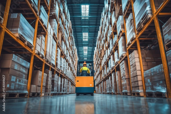 Fototapeta Forklift operator in storage warehouse ideal for logistics, supply chain and distribution themes