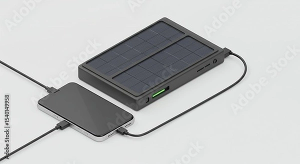 Fototapeta Gray and Black Solar Powered Charger Connected to Device on White Background Promoting Portable Power and Sustainable Energy