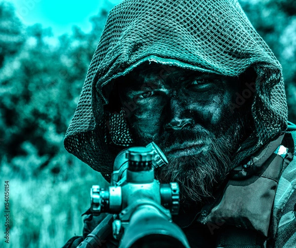 Obraz Intense sniper with a hood and camouflage face paint aiming a rifle, set against a blurred natural background with a blue color tone.