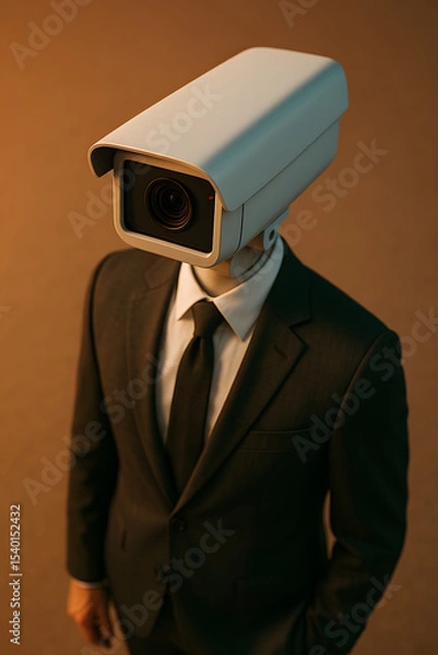Fototapeta A figure in a business suit has a surveillance camera for a head, symbolizing constant monitoring and the pervasive nature of observation