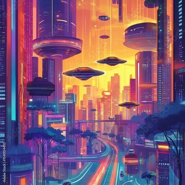 Fototapeta Futuristic cityscape with flying cars, neon lights, and towering skyscrapers under a glowing sky