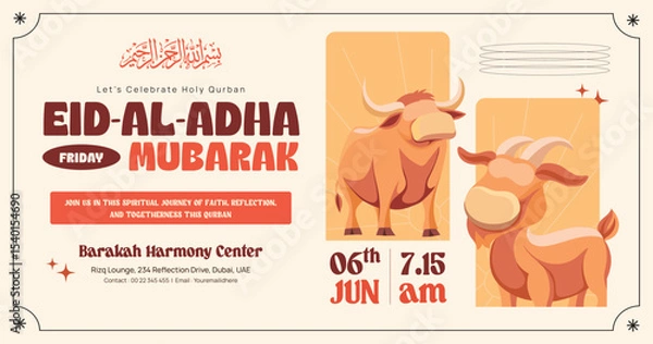 Obraz Eid Al-Adha Mubarak Banner with Sacrificial Cow and Goat