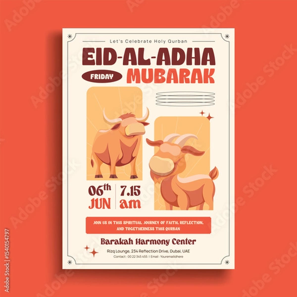 Obraz Eid Al-Adha Mubarak Flyer with Sacrificial Cow and Goat