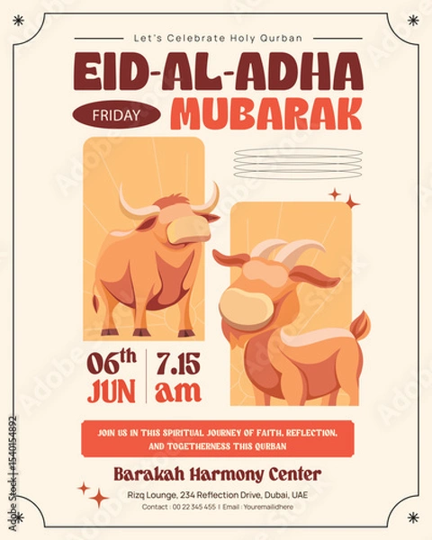 Obraz Eid Al-Adha Mubarak Illustration Instagram Post with Sacrificial Cow and Goat
