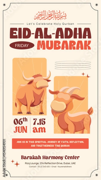 Obraz Eid Al-Adha Mubarak Illustration Story Design with Sacrificial Cow and Goat