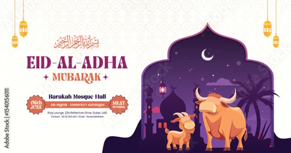 Obraz Eid Al-Adha Mubarak Celebration Banner with Sacrificial Animals and Mosque
