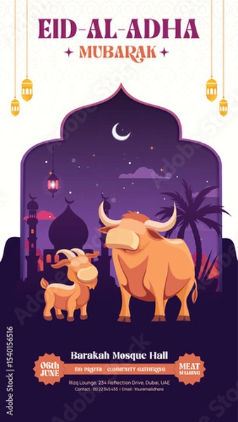 Obraz Eid Al-Adha Mubarak Celebration Story Design with Sacrificial Animals and Mosque