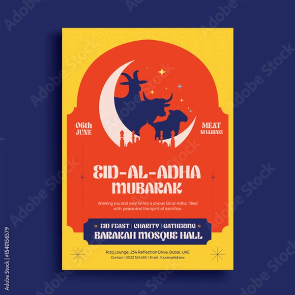 Obraz Eid Al-Adha Mubarak Celebration Flyer with Sacrificial Animals and Crescent