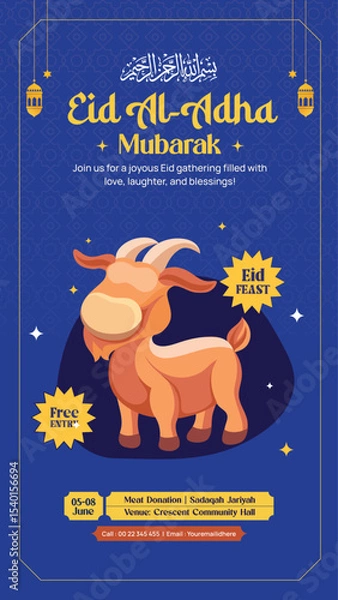 Obraz Eid Al-Adha Mubarak Story Design with Cartoon Goat and Islamic Elements