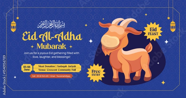 Obraz Eid Al-Adha Mubarak Banner with Cartoon Goat and Islamic Elements