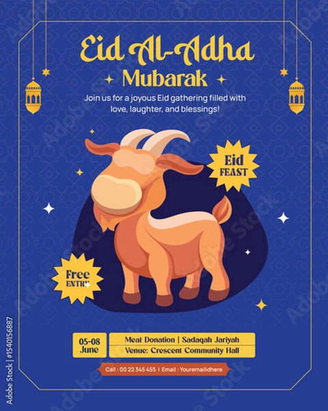 Obraz Eid Al-Adha Mubarak Instagram Post with Cartoon Goat and Islamic Elements