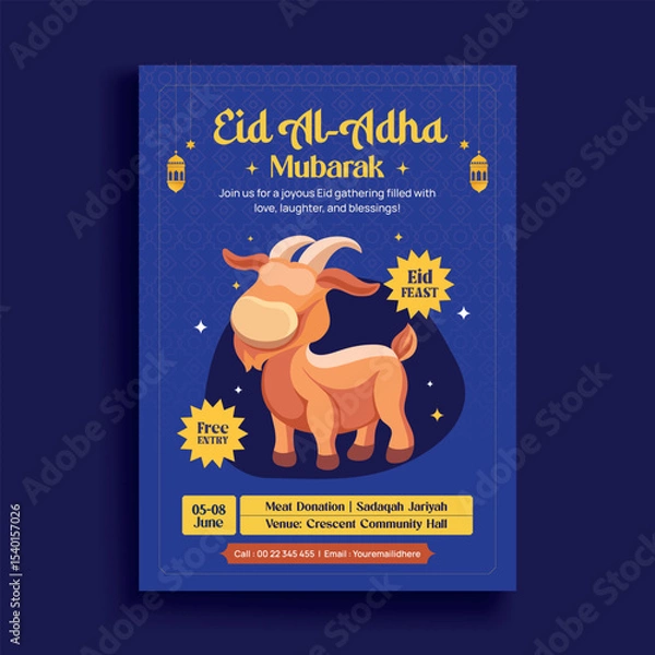 Obraz Eid Al-Adha Mubarak Flyer with Cartoon Goat and Islamic Elements