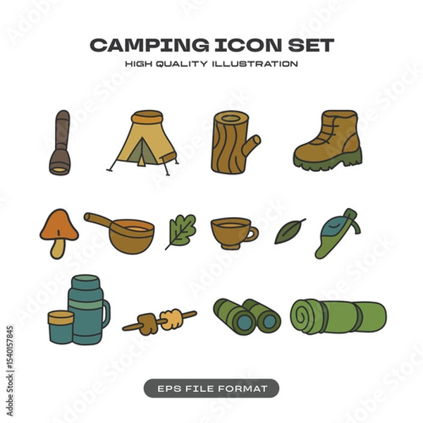 Obraz Camping Icon Set with Flashlight, Tent, Boots and Outdoor Gear