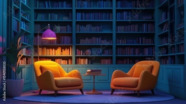 Fototapeta Cozy library reading corner with two orange armchairs and bookshelves under soft lighting.