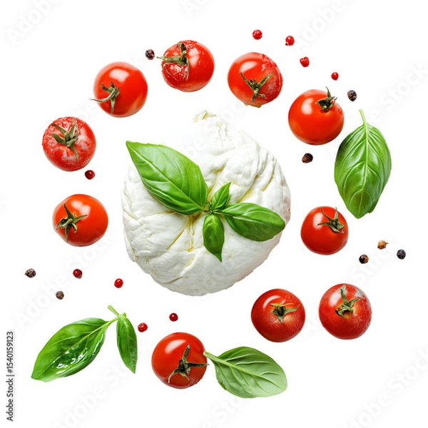 Fototapeta Burrata Cheese with Cherry Tomatoes, Basil and Peppercorns – Italian Ingredients  isolated on transparent or white background	
 