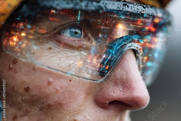 Fototapeta Reflective visor revealing the vibrant digital cityscape during a tech innovation event in an urban setting at dusk