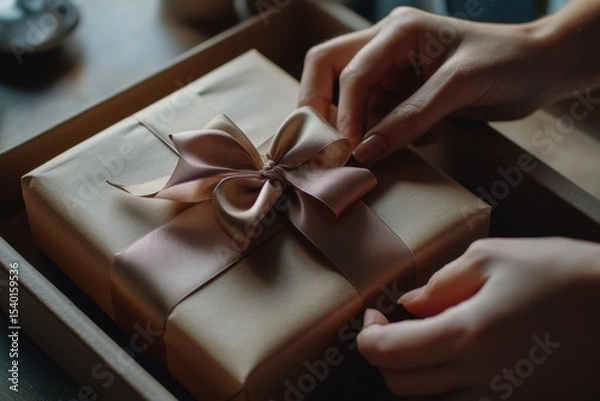 Obraz Gift packing hands in a cozy home setting closeup on a wrapped present celebratory environment heartwarming concept