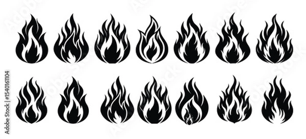 Obraz Collection of 16 Fiery Flame Icons Black and White Fire Symbols for Design Projects