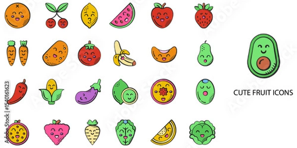 Obraz Cute Fruits simple New concept 24 hand drawn color icons set .Vector illustration.	