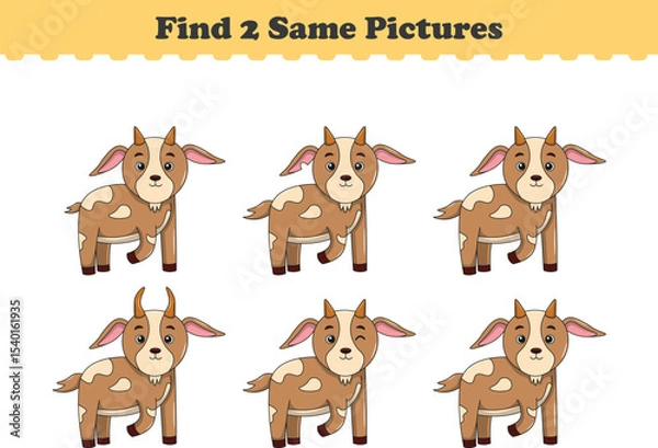 Fototapeta Funny cartoon goat. Find two same pictures. Educational game for children. Cartoon vector illustration