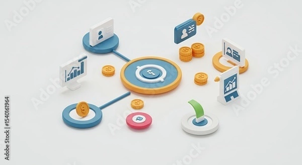 Fototapeta Isometric Data Network Visualization with Interconnected Nodes in Muted Colors on White Background