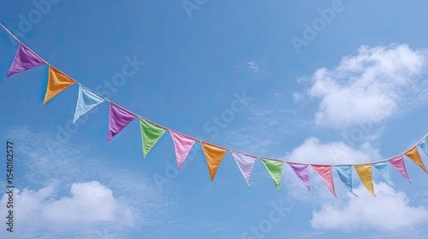 Fototapeta Colorful Bunting Flags Against a Bright Blue Sky with Clouds