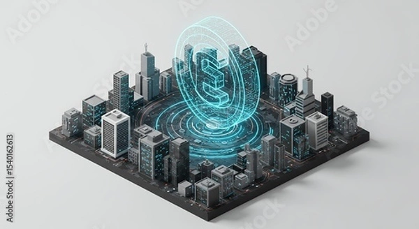Fototapeta Isometric Futuristic Cityscape Rendering in Black Gray and Blue Lights High Angle View