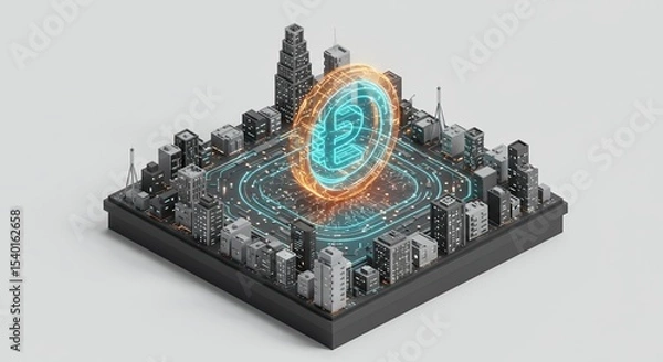 Fototapeta Isometric Futuristic Cityscape with Glowing Portal and Intricate Light Trails Grayscale Architecture