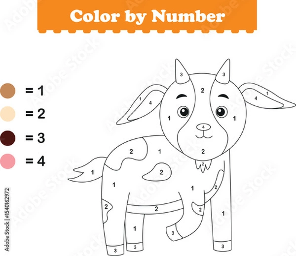 Fototapeta Color by numbers. Coloring page for kids. Coloring with cute goat. Vector illustration