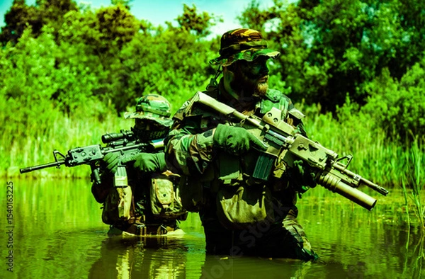 Obraz Two armed soldiers in camouflage with rifles standing in shallow water, surrounded by dense greenery under a clear sky.