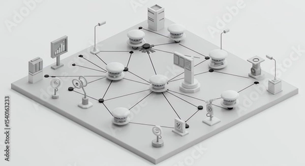 Fototapeta Isometric Gray Sensor Network Connecting Stylized City Elements in Technological Illustration