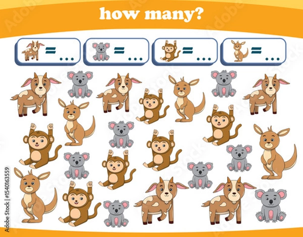 Fototapeta Counting game of wild animals for preschool kids. Printable. Vector Illustration