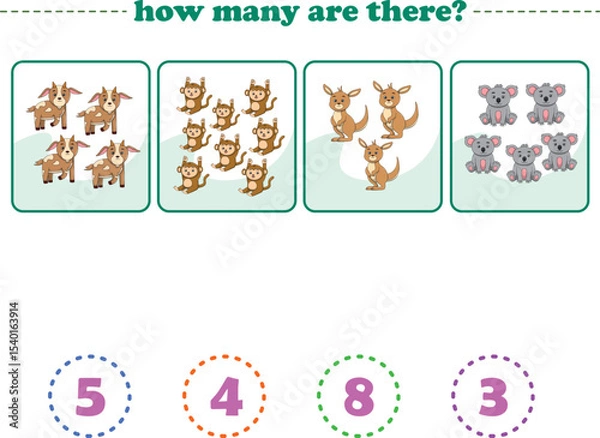 Fototapeta Counting game of wild animals for preschool kids. Printable. Vector Illustration