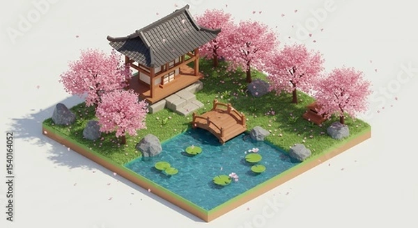 Fototapeta Isometric Japanese Garden with Cherry Blossoms in 3D Render with Pond and Traditional Building on White Background