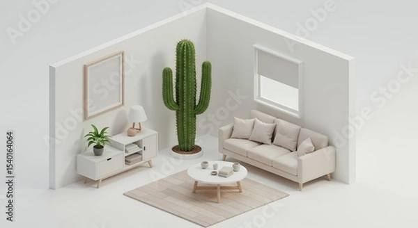 Fototapeta Isometric Interior Featuring Beige Sofa Cactus and Minimalist Decor With Neutral Tones and Soft Lighting