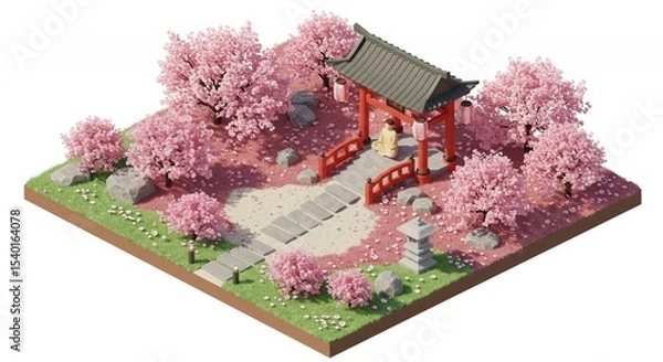 Fototapeta Isometric Japanese Garden with Cherry Blossoms Red Gate and Stone Pathway in Tranquil 3D Render