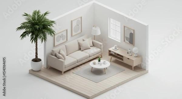 Fototapeta Isometric Living Room with Beige Sofa Round Coffee Table and Potted Green Tree Soft Lighting and Minimalist Decor in a 3D Render