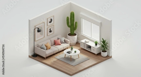Fototapeta Isometric Living Room with Cream Sofa and Modern Decor in Soft Lighting 3D Render