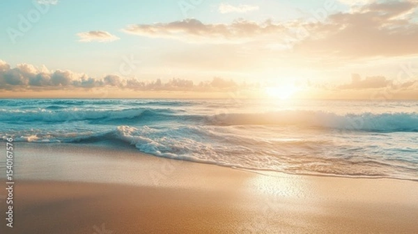 Fototapeta Serene beach sunset coastal shoreline gigapixel standard banner mockup tranquil environment wide-angle view nature concept for visual appeal