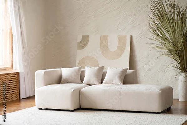 Obraz A spacious living area showcases a contemporary sectional sofa adorned with cushions, complemented by a large dried palm plant in a bright and airy setting.