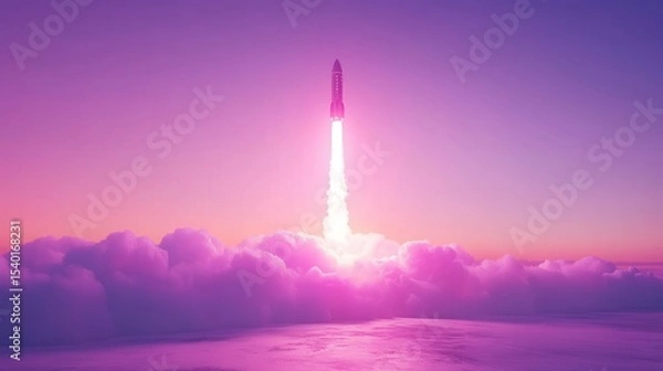 Fototapeta Rocket launch into pink glowing sky surrounded by clouds and light